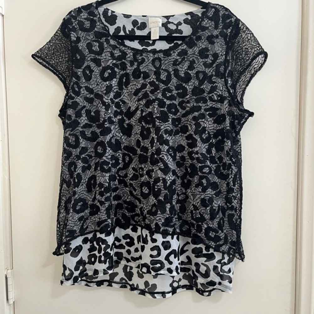 Chicos Lace Overlay Leopard Print Layered Top 3‎ L/XL Black Going Out Cut Away